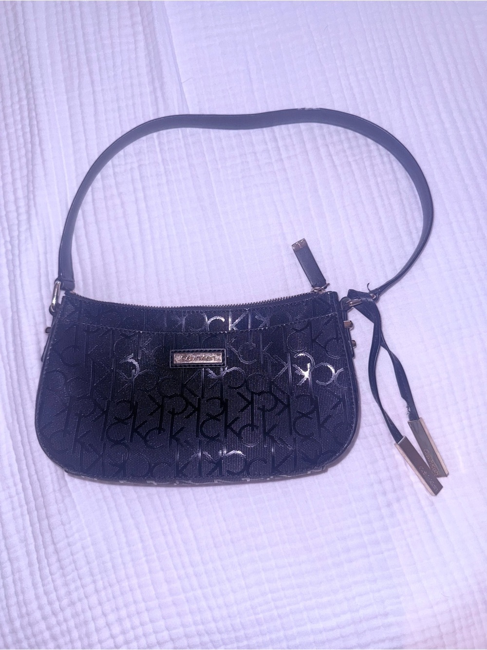 Calvin Klein Black Monogram Shoulder Bag with Gold Accents